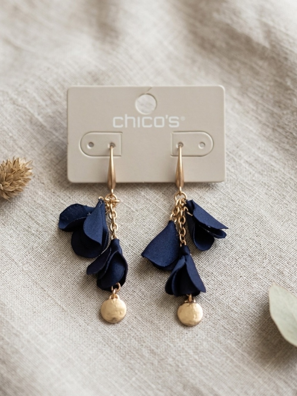 Chico's Navy Petal Drop Earrings with Gold Discs